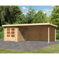Abri Bastrup 4 en bois 28mm avec appentis 4m et paroi WoodFeeling