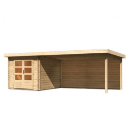 Abri Bastrup 4 en bois 28mm avec appentis 4m et paroi WoodFeeling