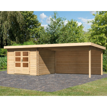 Abri Bastrup 5 en bois 28mm avec appentis 4m et paroi WoodFeeling