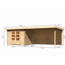 Abri Bastrup 5 en bois 28mm avec appentis 4m et paroi WoodFeeling