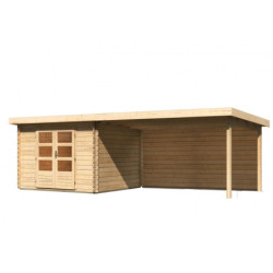 Abri Bastrup 5 en bois 28mm avec appentis 4m et paroi WoodFeeling
