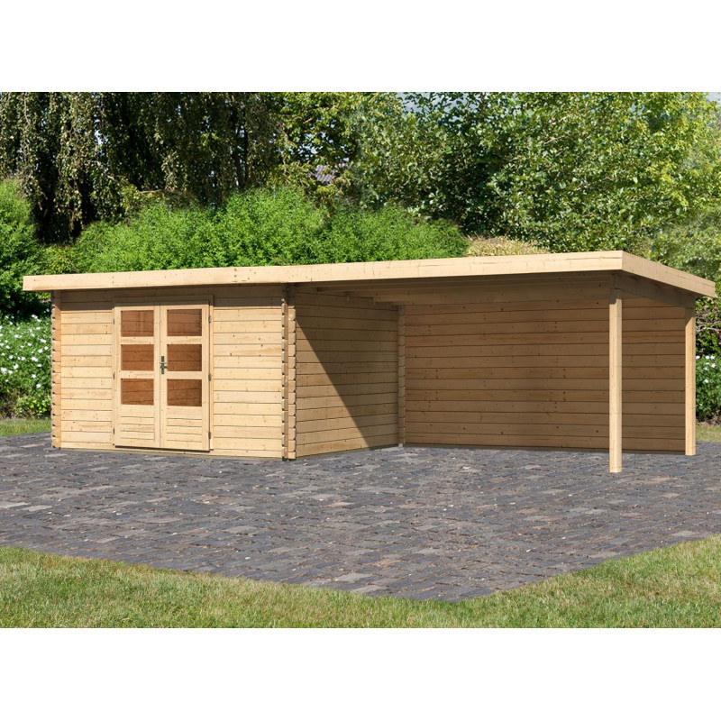 Abri Bastrup 7 en bois 28mm avec appentis 4m et paroi WoodFeeling
