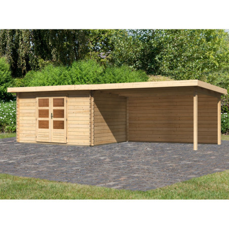 Abri Bastrup 7 en bois 28mm avec appentis 4m et paroi WoodFeeling