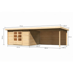 Abri Bastrup 7 en bois 28mm avec appentis 4m et paroi WoodFeeling