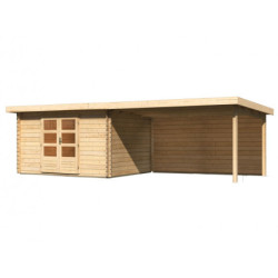 Abri Bastrup 7 en bois 28mm avec appentis 4m et paroi WoodFeeling