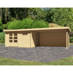 Abri Bastrup 8 en bois 28mm avec appentis 4m et paroi WoodFeeling