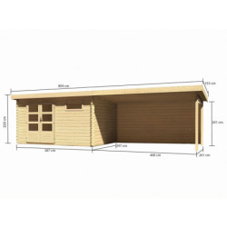 Abri Bastrup 8 en bois 28mm avec appentis 4m et paroi WoodFeeling
