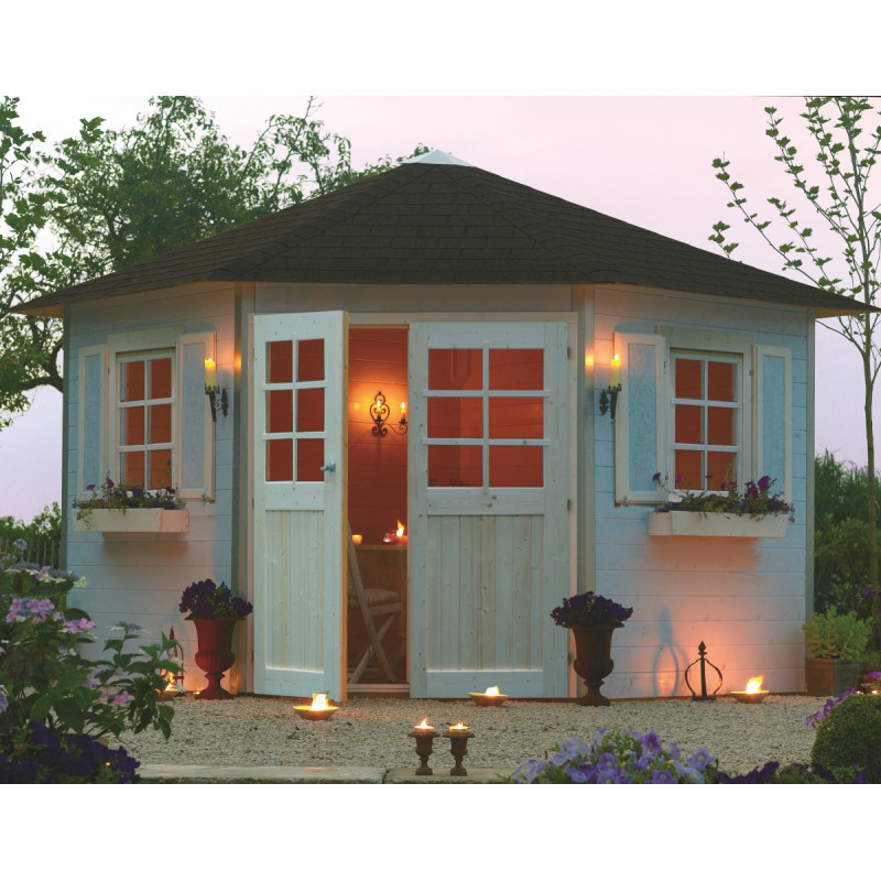 Abri d'angle Nancy 7,88m²  en bois massif 28mm + shingles - SOLID