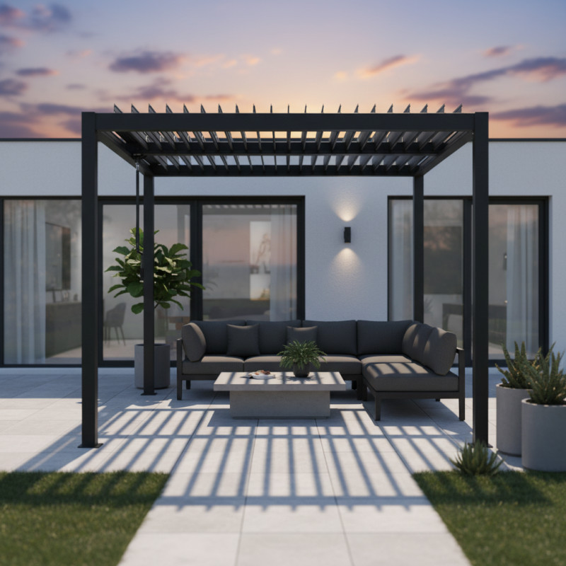 Pergola autoportante en alu gris avec lames orientable 3x3m X-METAL