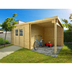 Abri de jardin 15m² en madriers de 28mm - appentis 200cm - Eden