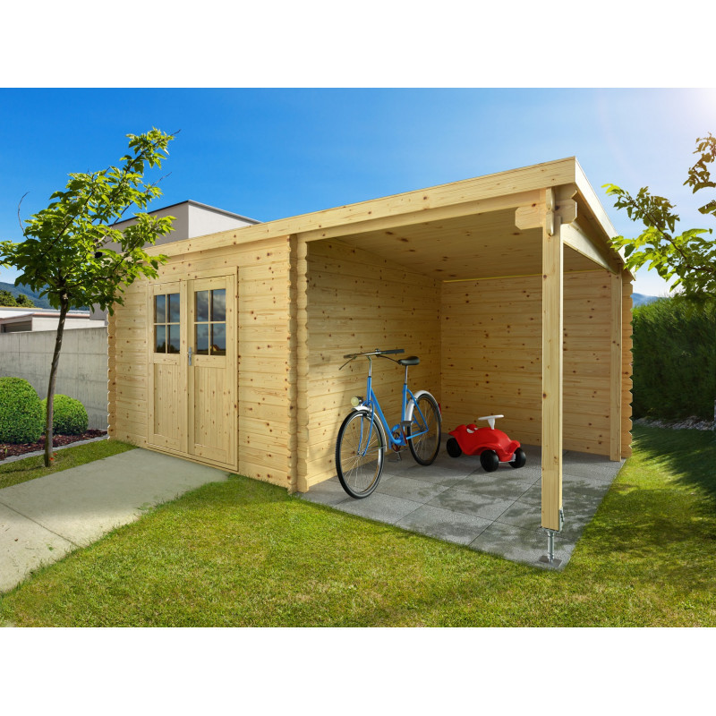 Abri de jardin 15m² en madriers de 28mm - appentis 200cm - Eden