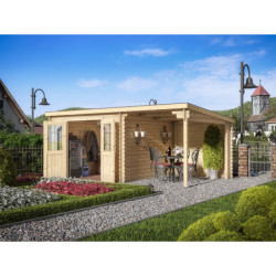 Abri de jardin 15m² en madriers de 28mm - appentis 200cm - Eden