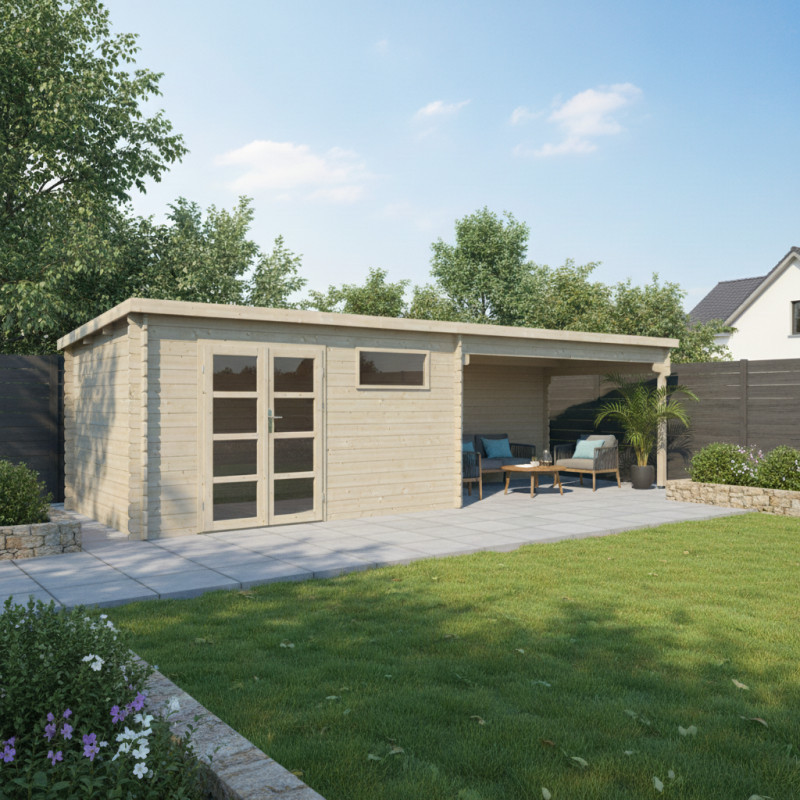 Abri de jardin 24m² en madriers de 34mm - appentis 400cm - Eden