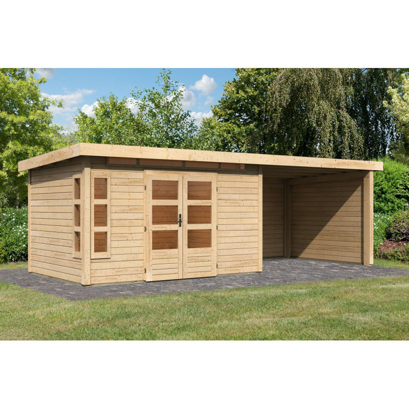 Abri 8,88m² Kastorf 7 brut 28mm, appentis 320cm+2 parois - Karibu