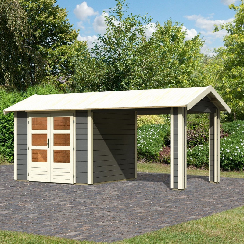 Abri de jardin 5,95m² Theres 3 en bois gris 28mm - auvent - Karibu