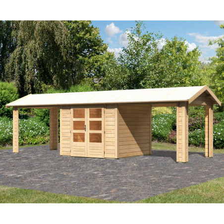 Abri de jardin 5,95m² Theres 3 en bois brut 28mm - 2 auvents - Karibu
