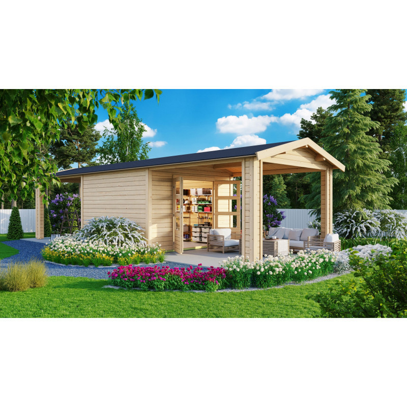 Abri de jardin 9,24m² Theres 7 en bois brut 28mm - 2 auvents - Karibu