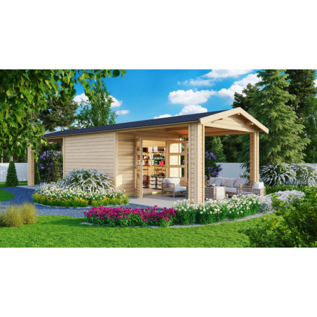 Abri de jardin 9,24m² Theres 7 en bois brut 28mm - 2 auvents - Karibu
