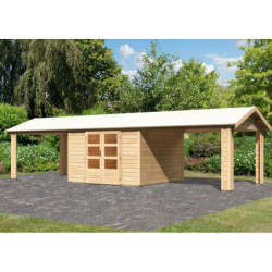 Abri de jardin 9,24m² Theres 7 en bois brut 28mm - 2 auvents - Karibu