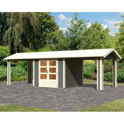 Abri de jardin 5,95m² Theres 3 en bois gris 28mm - 2 auvents - Karibu