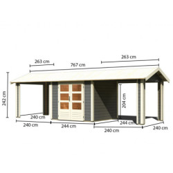 Abri de jardin 5,95m² Theres 3 en bois gris 28mm - 2 auvents - Karibu