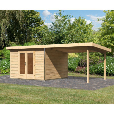 Abri 9,55m² Radeburg 1 en bois 40mm et appentis 330cm - Karibu