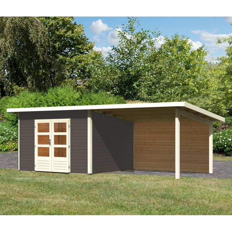 Abri 9,55m² Notheim 3 gris 40mm avec appentis+paroi WoodFeeling