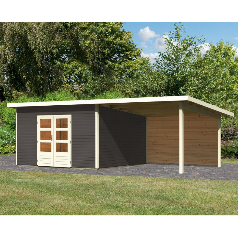 Abri 13,60m² Notheim 5 gris 40mm avec appentis+paroi WoodFeeling