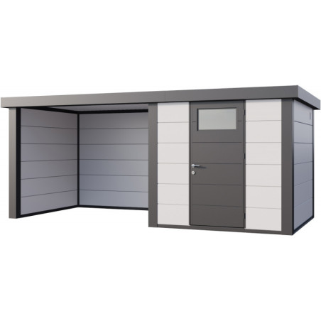 Abri en acier gris blanc 12,5m² avec extension Telluria Eleganto