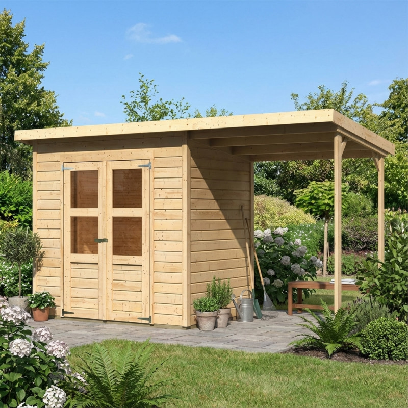 Abri de jardin en bois brut 3,26m² Merseburg 3 avec appentis Karibu