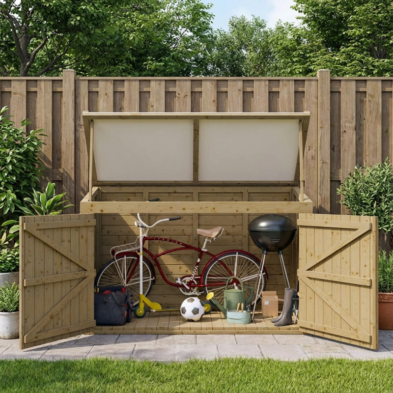 Coffre extérieur 2000L bois traité Gardy Shelter couvercle blanc