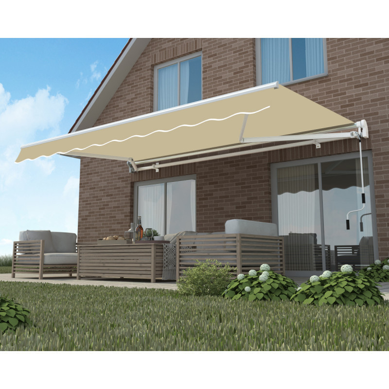 Store de terrasse retractable motorisé 3,5x2,5m beige et blanc X-Metal