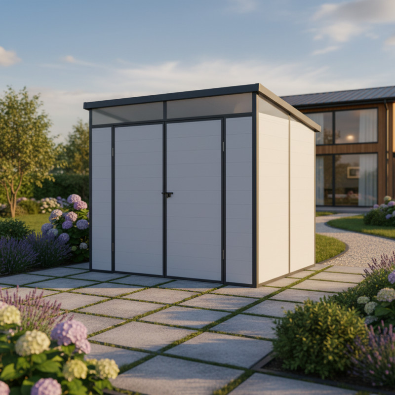 Abri de jardin toit plat polypropylène gris 238x192cm Jôbu