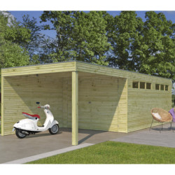 Garage Qube 15,3m² en bois traité 27mm + extension 300cm Gardenas