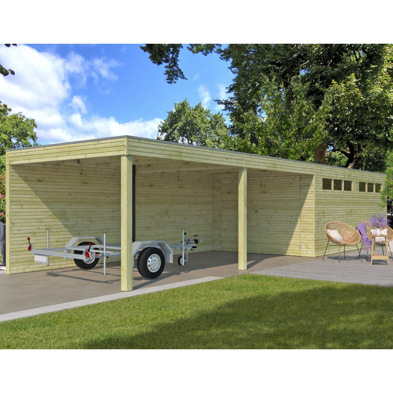 Garage Qube 15,3m² en bois traité 27mm + extension 600cm Gardenas
