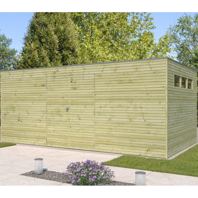 Abri de Jardin Qube 15,3m² Bois Autoclave 27mm + Porte Double - Gardenas