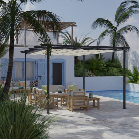 Pergola 12m² Libros alu anthracite et toile d'ombrage beige Essency