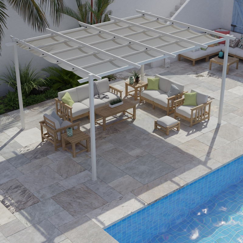 Pergola 12m² Libros alu blanc et toile d'ombrage beige - Essency