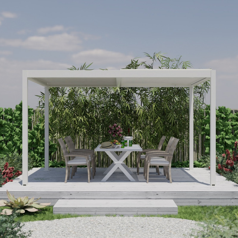 Pergola bioclimatique 9m² Torinas alu blanc - lames blanches - Essency