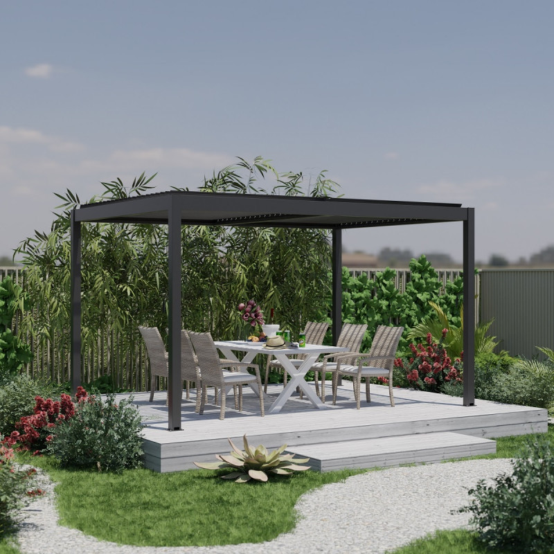Pergola bioclimatique 16m² Torinas alu gris et lames grises - Essency