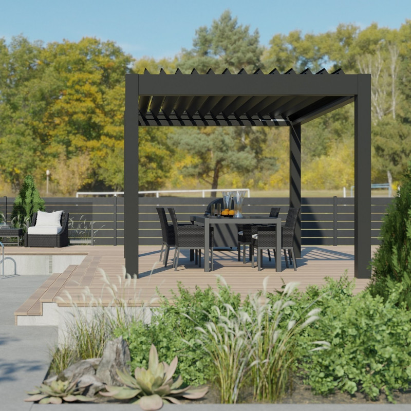 Pergola bioclimatique 9m² Seychelle alu gris et lames grises - Essency