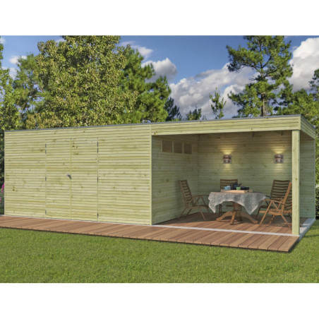 Abri Qube en bois traité autoclave 27mm+ extension 21,6m² Gardenas
