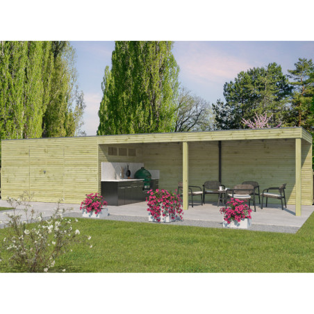Abri Qube en bois traité autoclave 27mm+ extension 30,6m² Gardenas