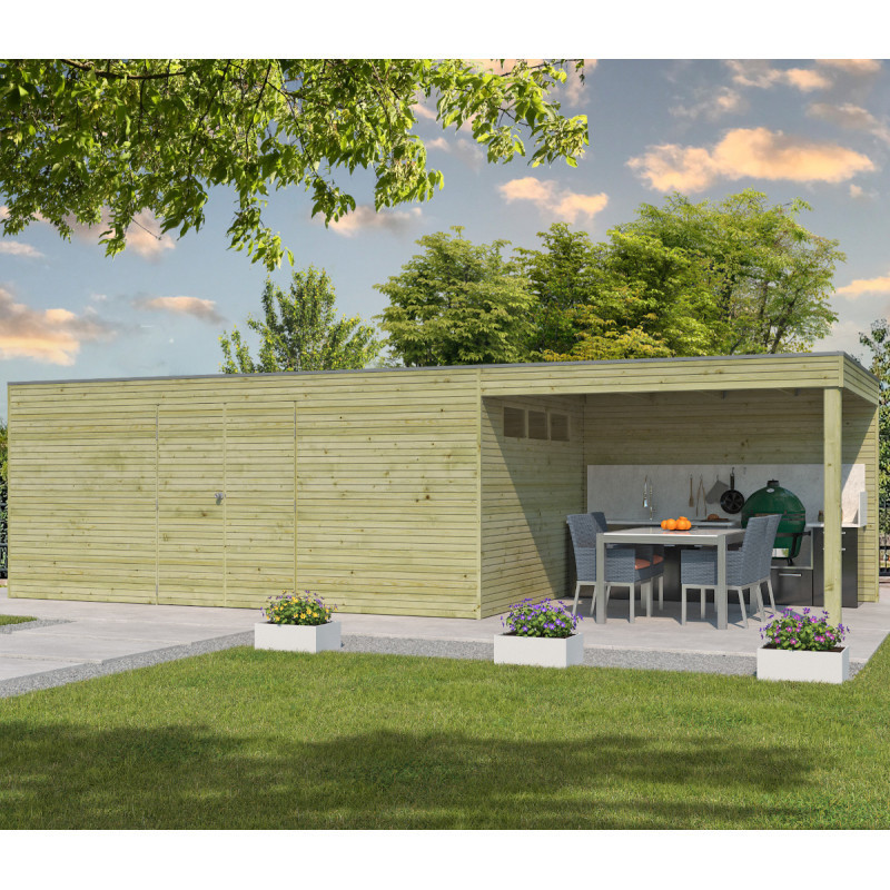 Abri Qube en bois traité autoclave 27mm+extension 24,3m² Gardenas