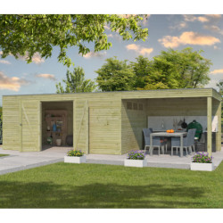 Abri Qube en bois traité autoclave 27mm+extension 24,3m² Gardenas