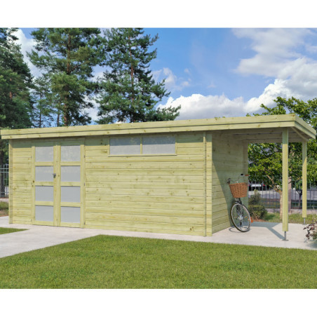 Chalet Oregon 16,4m² en bois traité 28mm+extension 150cm Gardenas