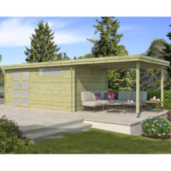 Chalet Oregon 16,4m² en bois traité 28mm+extension 300cm Gardenas