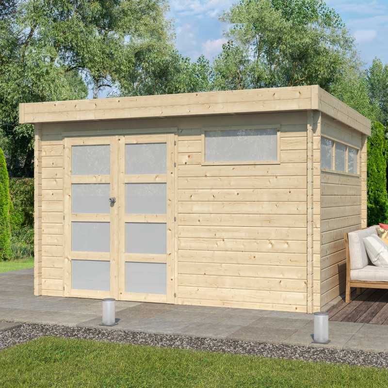Abri Moderne 11,84m² en bois massif 44mm+porte+2 fenêtres Gardenas