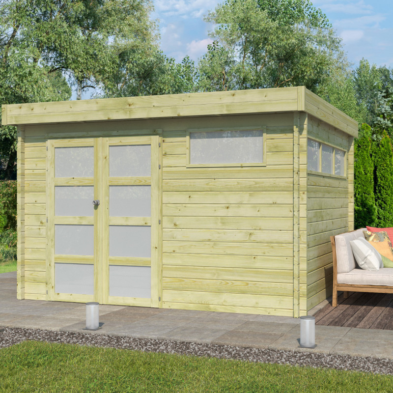 Abri Moderne 11,84m² en bois traité 44mm+porte+2 fenêtres Gardenas