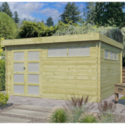 Abri Moderne 17,39m² en bois traité 44mm+porte+2 fenêtres Gardenas